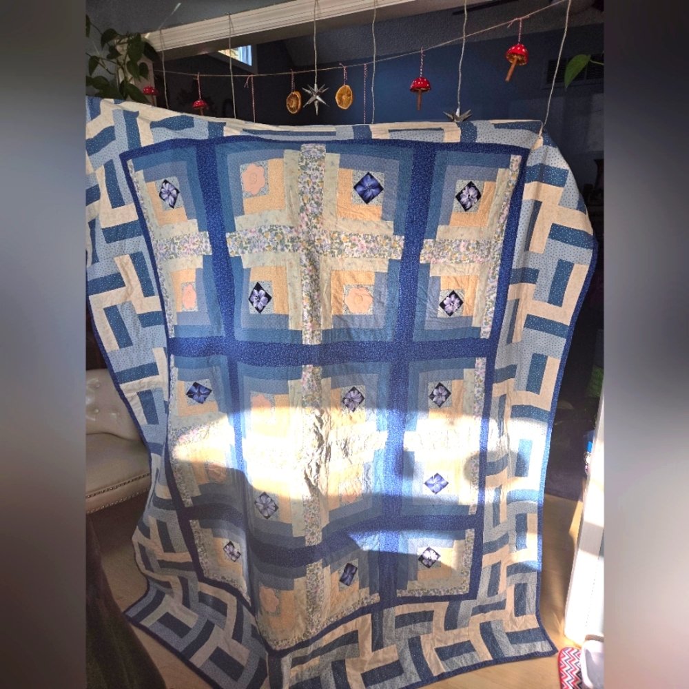 Handmade King Size Cotton Patchwork Quilt in Blue And Cream